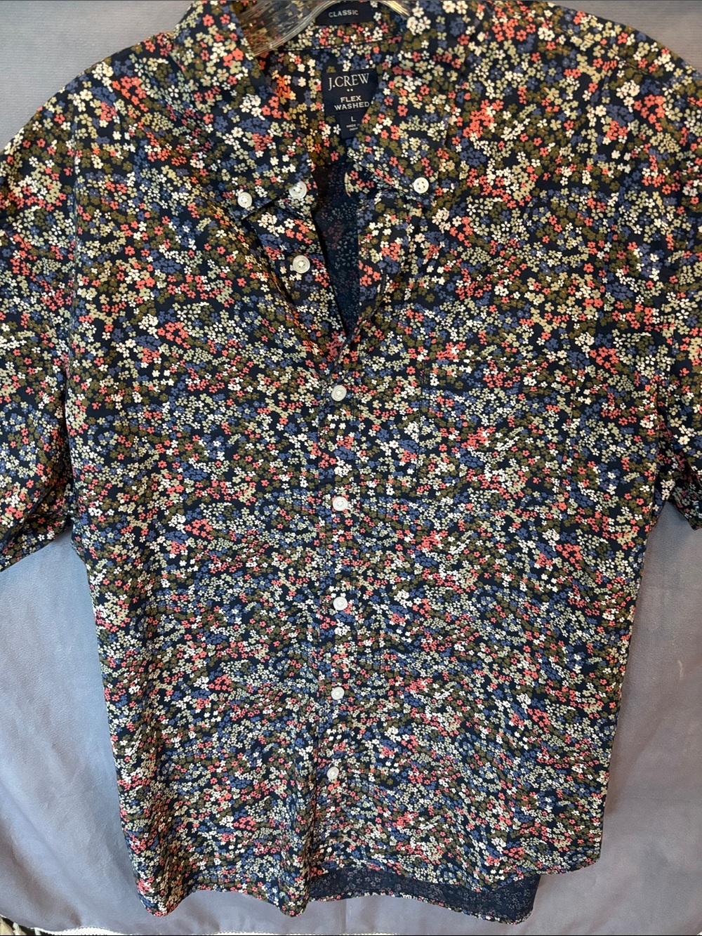 J. Crew Black/Floral Classic Flex Washed Button-Up Short Sleeve Shirt, Sz L